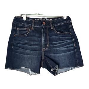 American Eagle Hi Rise Shortie Dark Wash Distressed Hem Longer Inseam Nice T35